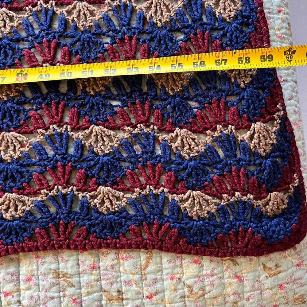 Vintage handmade loose open knit tan red blue throw blanket